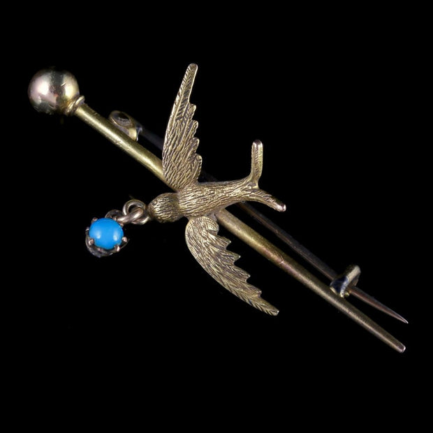 Antique Victorian Swallow Brooch Turquoise 15Ct Gold Circa 1900