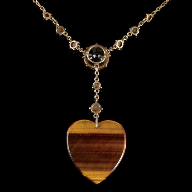 Antique Victorian Tigers Eye Citrine Heart Pendant Necklace 9ct Gold