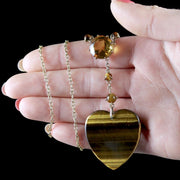 Antique Victorian Tigers Eye Citrine Heart Pendant Necklace 9ct Gold