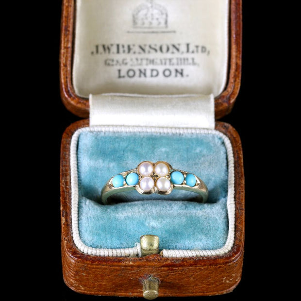 Antique Victorian Turquoise And Pearl Ring 18Ct Dated Birmingham 1900