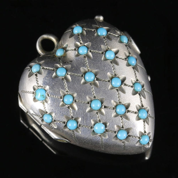 Antique Victorian Turquoise Heart Locket Silver Circa 1880