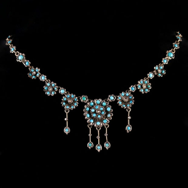 Antique Victorian Turquoise Necklace Forget Me Not Circa 1880