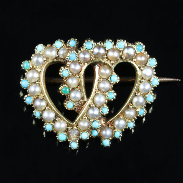 Antique Victorian Turquoise Pearl Double Heart Brooch Circa 1900