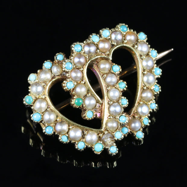 Antique Victorian Turquoise Pearl Double Heart Brooch Circa 1900