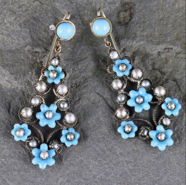 Antique Victorian Turquoise Pearl Forget Me Not Drop Earrings Circa 1900