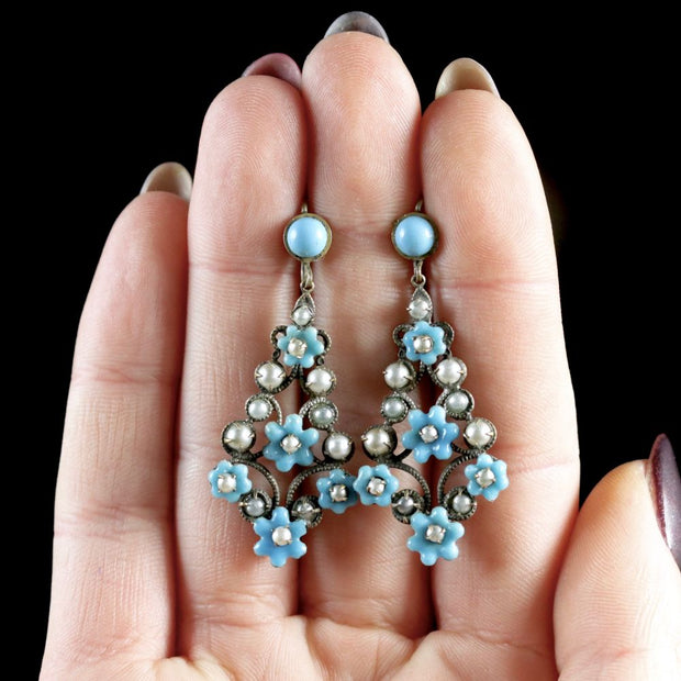 Antique Victorian Turquoise Pearl Forget Me Not Drop Earrings Circa 1900
