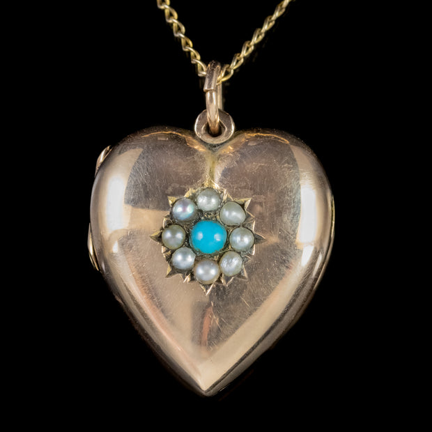 Antique Victorian Turquoise Pearl Heart Locket Necklace Dated 1898