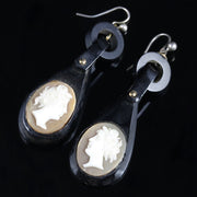 Antique Victorian Cameo Whitby Jet Earrings Circa 1860