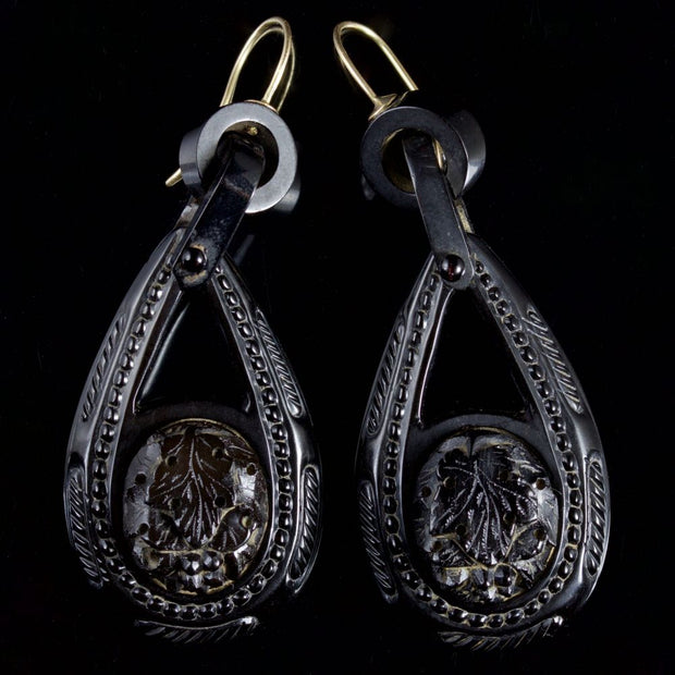Antique Victorian Whitby Jet Long Earrings Circa 1860