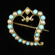 Antique Victorian Witches Heart Brooch Turquoise Pearl 15Ct Gold