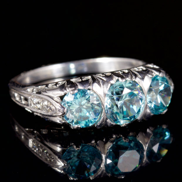 Antique Victorian Blue Zircon Trilogy Ring 9Ct White Gold Circa 1900