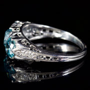 Antique Victorian Blue Zircon Trilogy Ring 9Ct White Gold Circa 1900