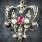 Antique Victorian Ruby Diamond Pendant Platinum Circa 1900