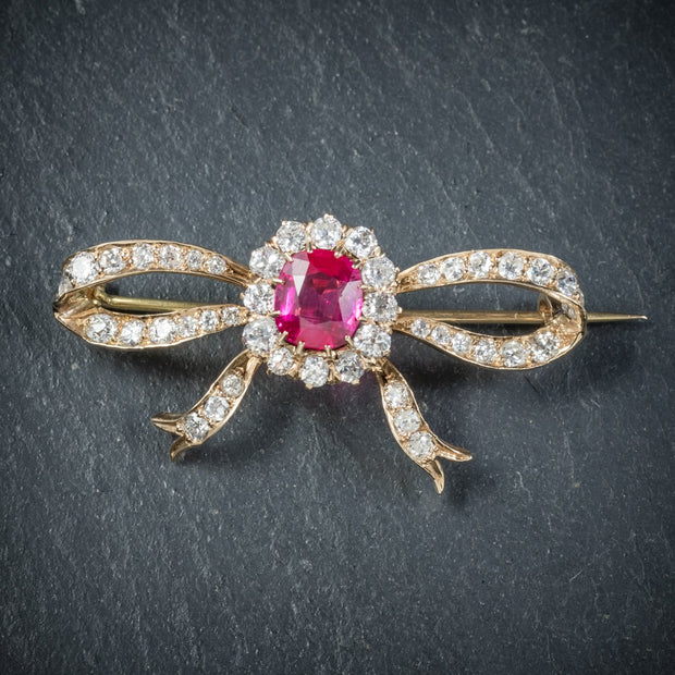 Antique Edwardian Diamond Verneuil Ruby Brooch 18Ct Gold Circa 1910 Boxed