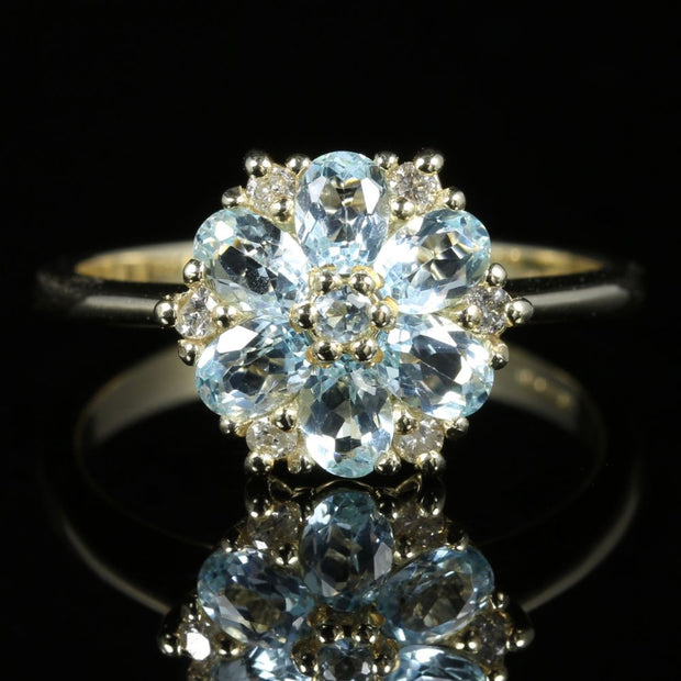 Aquamarine Diamond Cluster Ring 9Ct Yellow Gold
