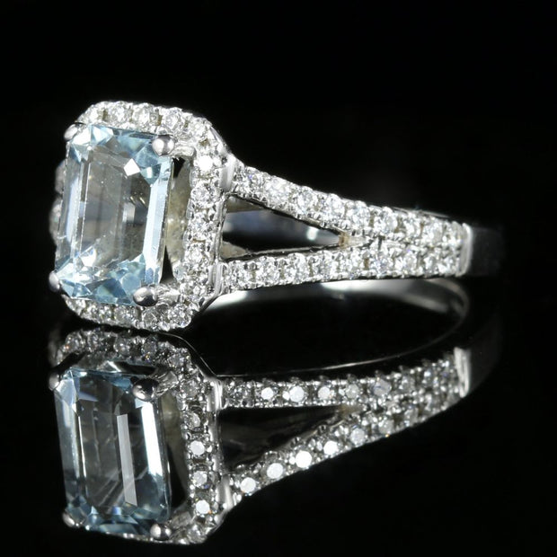 Aquamarine Diamond Engagement Ring 18Ct Gold Emerald Cut Aquamarine
