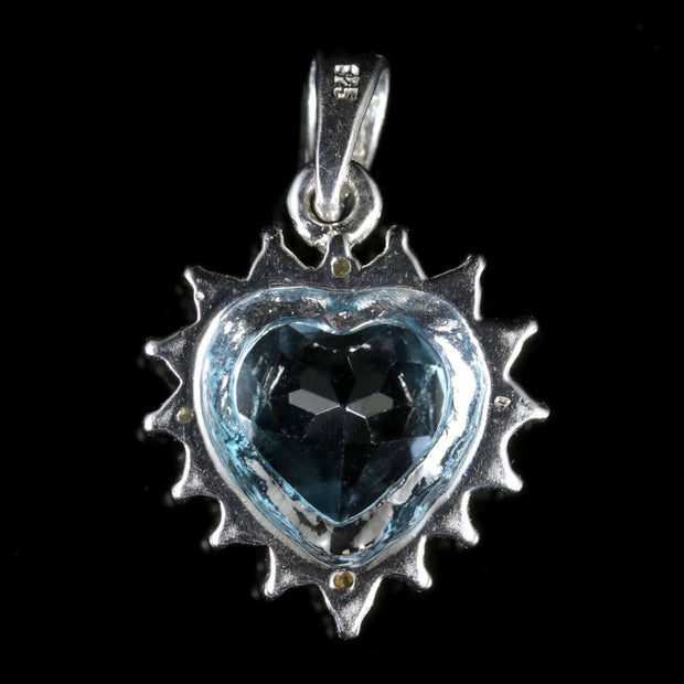 Aquamarine Diamond Heart Pendant Silver Pendant