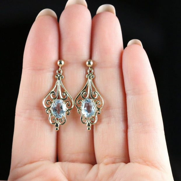 Victorian Style Blue Topaz Drop Earrings 9ct Gold Studs