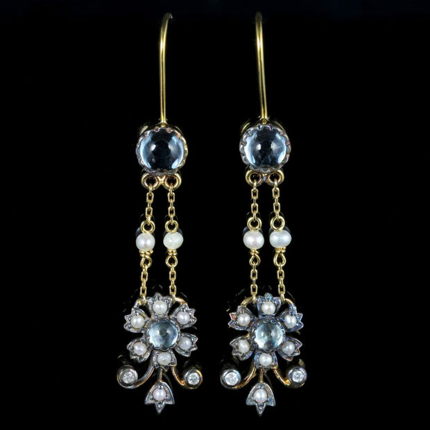 Aquamarine Pearl Diamond Earrings 18Ct Yellow Gold