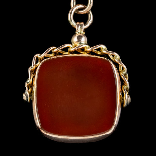 Art Deco Albert Chain Necklace 9ct Gold Rotating Agate Fob Dated 1921