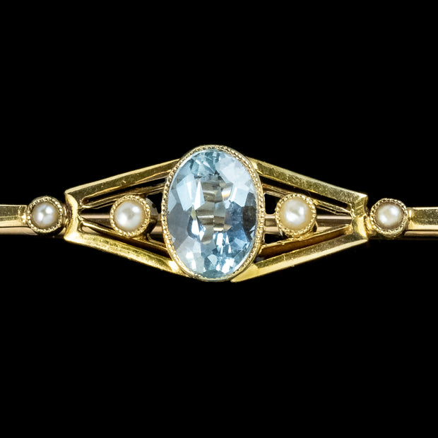 Art Deco Aquamarine Pearl Bar Brooch 15ct Gold Circa 1920