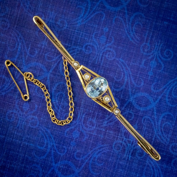 Art Deco Aquamarine Pearl Bar Brooch 15ct Gold Circa 1920