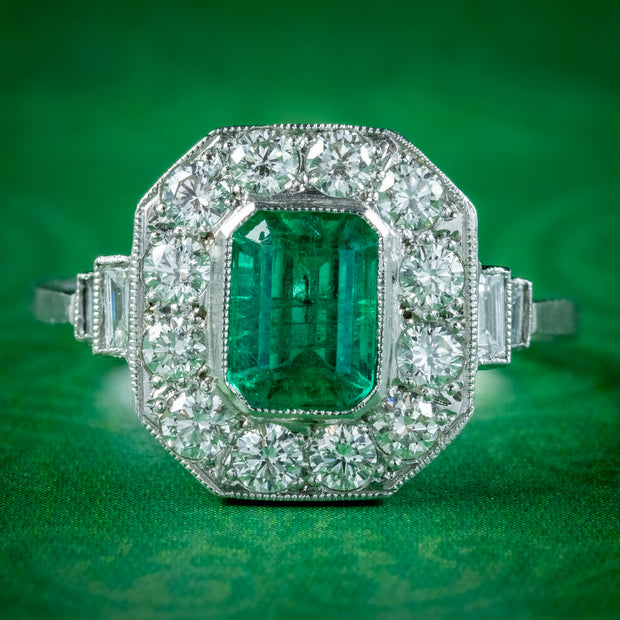 Art Deco Emerald Diamond Cluster Ring 0.85ct Emerald 1.20ct Of Diamond