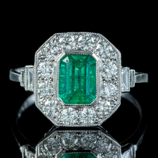 Art Deco Emerald Diamond Cluster Ring 0.85ct Emerald 1.20ct Of Diamond