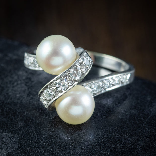 Art Deco French Pearl Diamond Toi Et Moi Ring Circa 1920