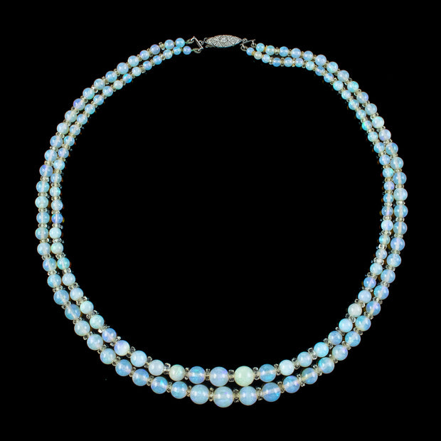 Art Deco Opal Double Bead Necklace With Diamond Clasp 