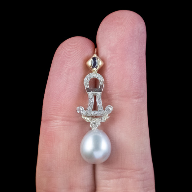 Art Deco Pearl Diamond Sapphire Drop Earrings 18ct Gold