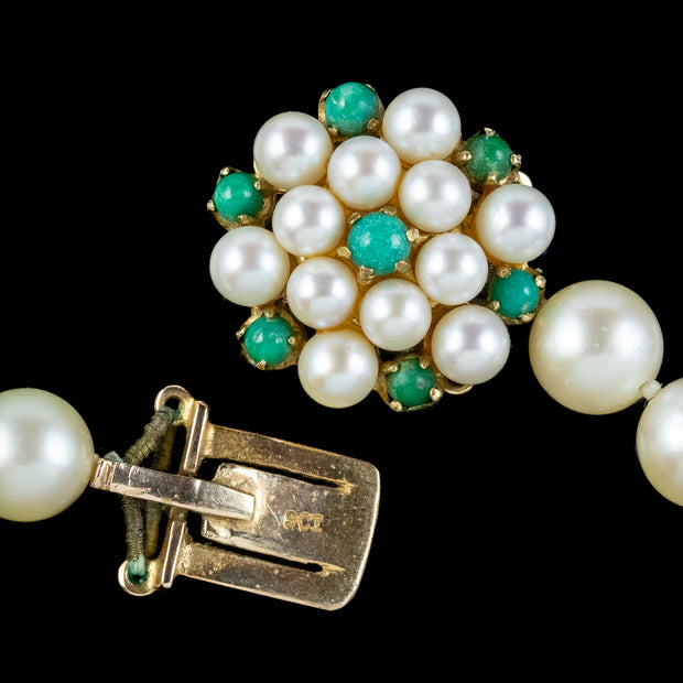 Art Deco Pearl Opera Necklace 9ct Gold Pearl Turquoise Clasp