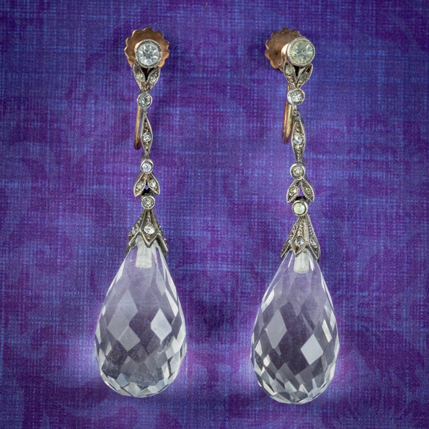 Art Deco Rock Crystal Drop Earrings Silver 9ct Gold Circa 1920