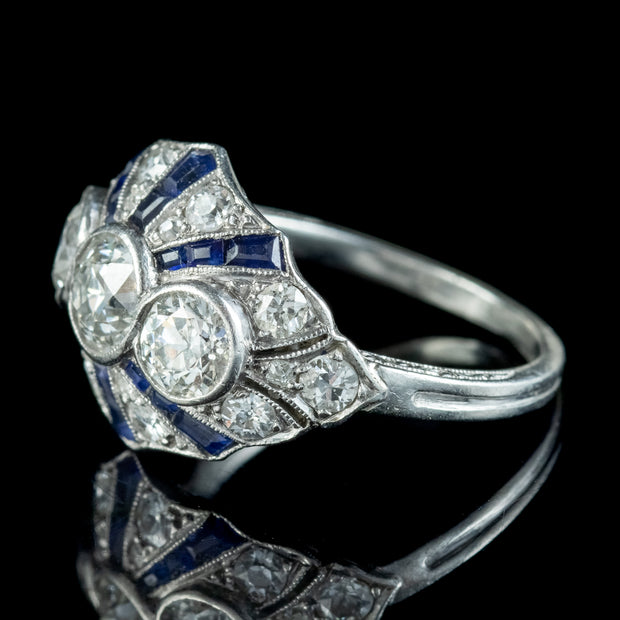 Art Deco Sapphire Diamond Cluster Ring 2ct Of Diamond