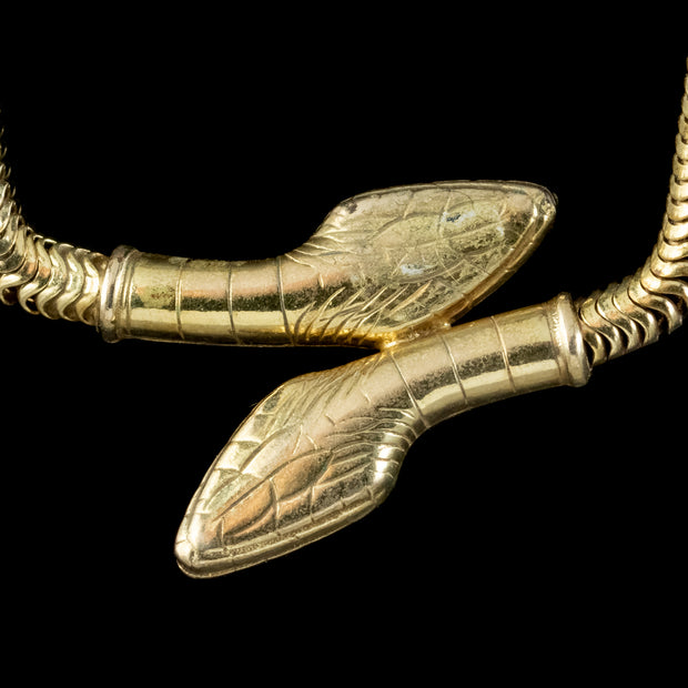 Art Deco Egyptian Revival Snake Chain Necklace Gold Plated Circa 1930 heads 3