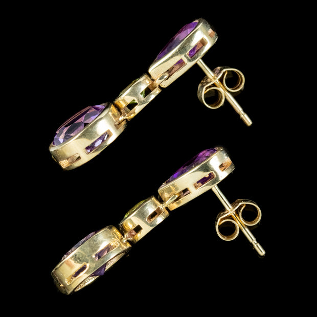 Art Deco Style Amethyst Peridot Drop Earrings 9ct Gold side