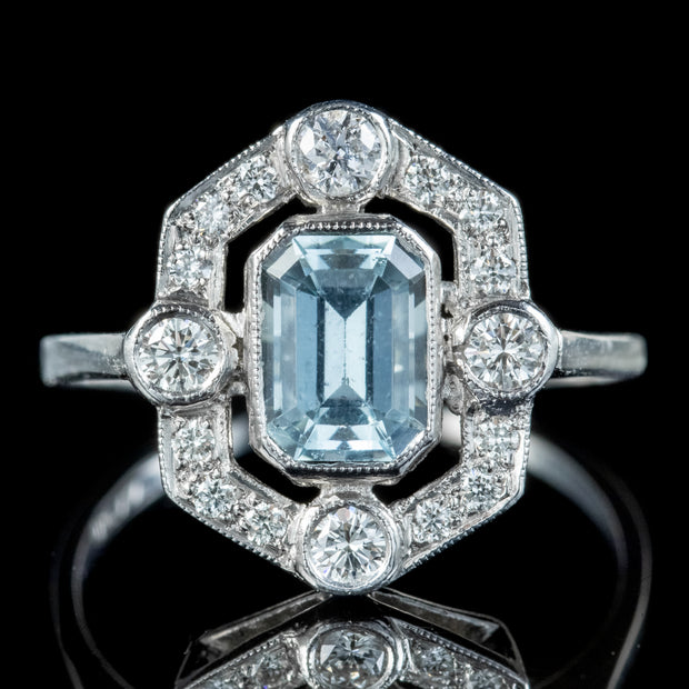 Art Deco Style Aquamarine Diamond Cluster Ring 1ct Aqua