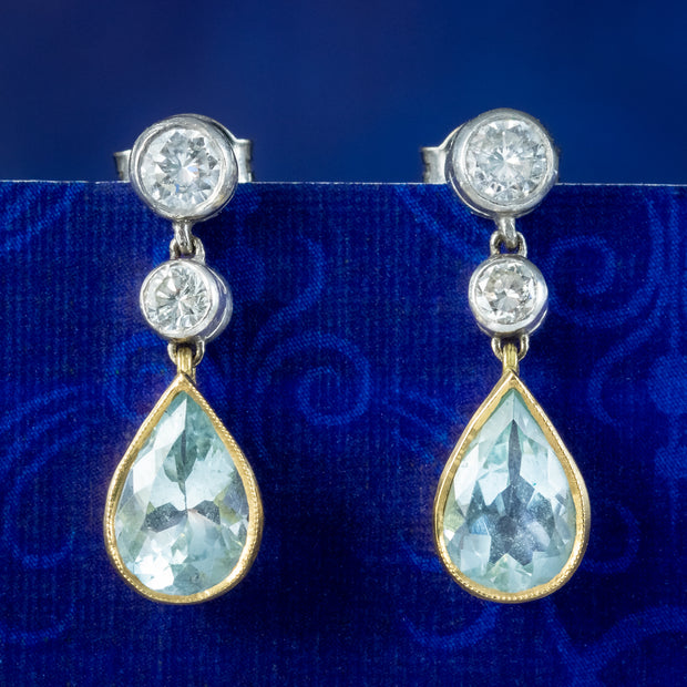 Art Deco Style Aquamarine Diamond Drop Earrings 2.8ct Of Aqua