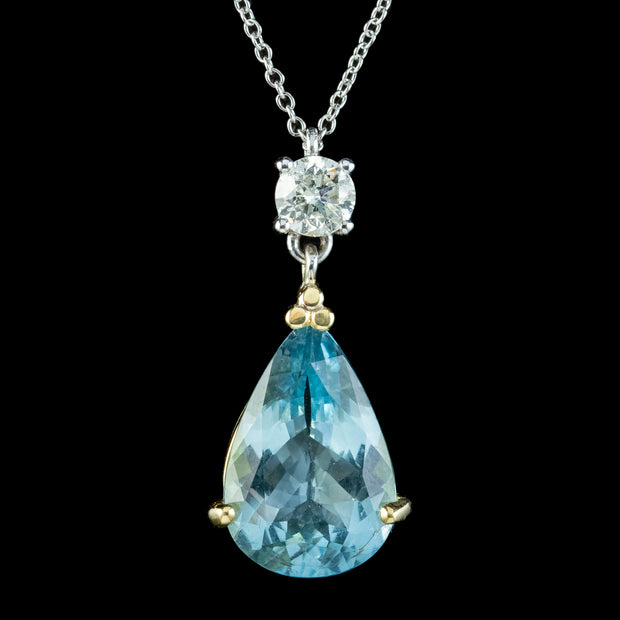 Art Deco Style Aquamarine Diamond Pendant Necklace 18ct Gold 6ct Aqua 