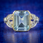 Art Deco Style Aquamarine Diamond Ring 18ct Gold 3ct Aqua