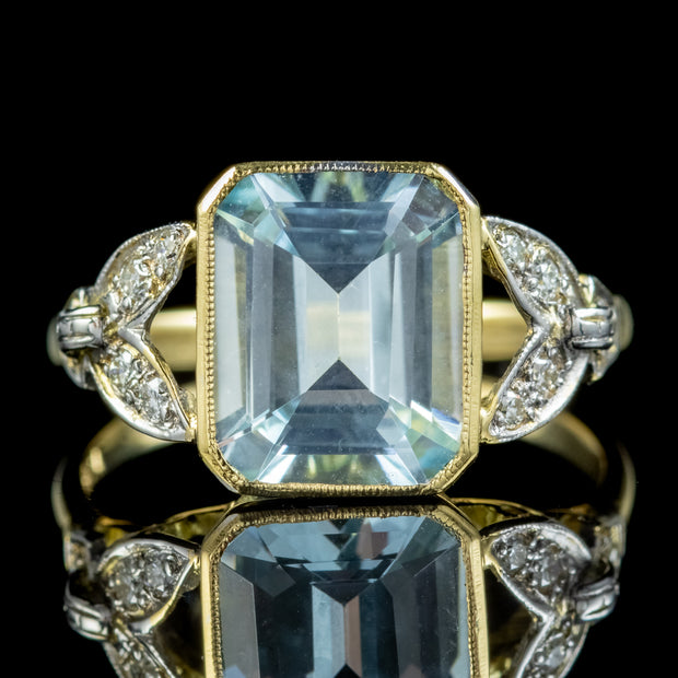 Art Deco Style Aquamarine Diamond Ring 18ct Gold 3ct Aqua