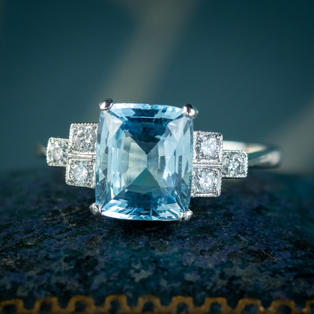 Gorgeous buy Art Deco Natural Aquamarine & Diamond Scroll Ring