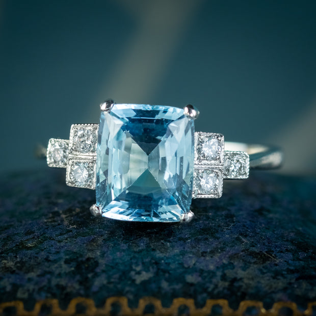 Art Deco Style Aquamarine Diamond Ring 2.3ct Aqua