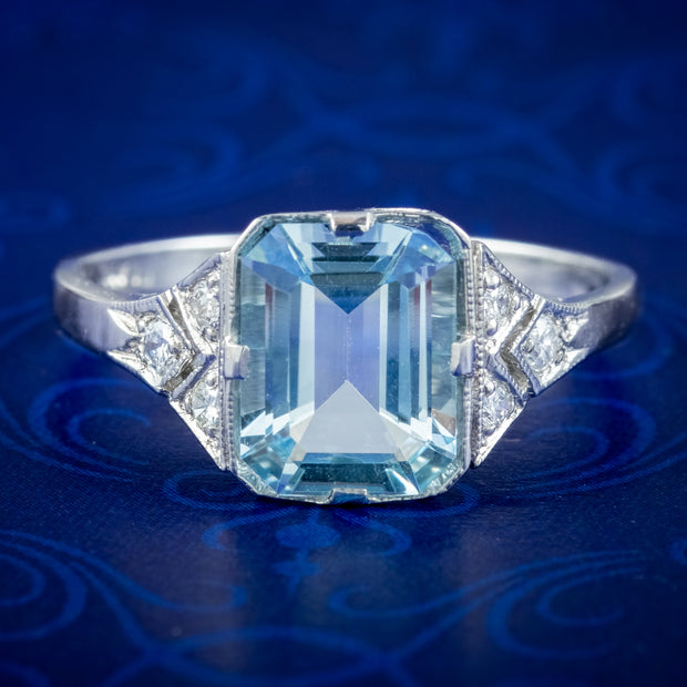 Art Deco Style Aquamarine Diamond Ring 2.8ct Aqua 