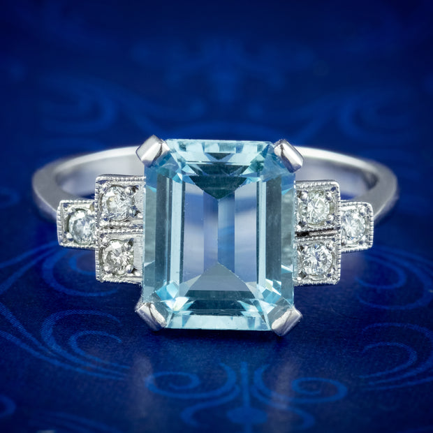 Art Deco Style Aquamarine Diamond Ring 3.5ct Aqua 
