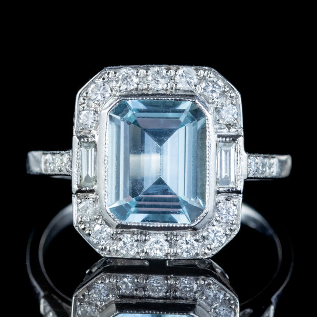 Art Deco Style Aquamarine Diamond Ring 3ct Aqua 