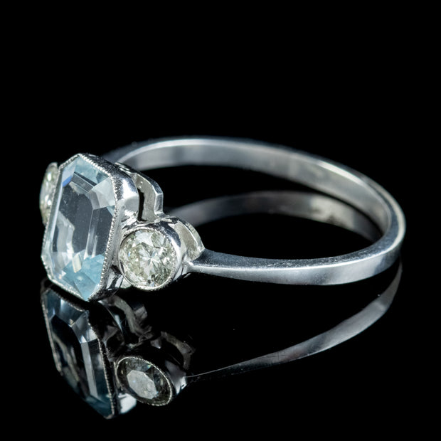 Art Deco Style Aquamarine Diamond Trilogy Ring 2ct Aqua