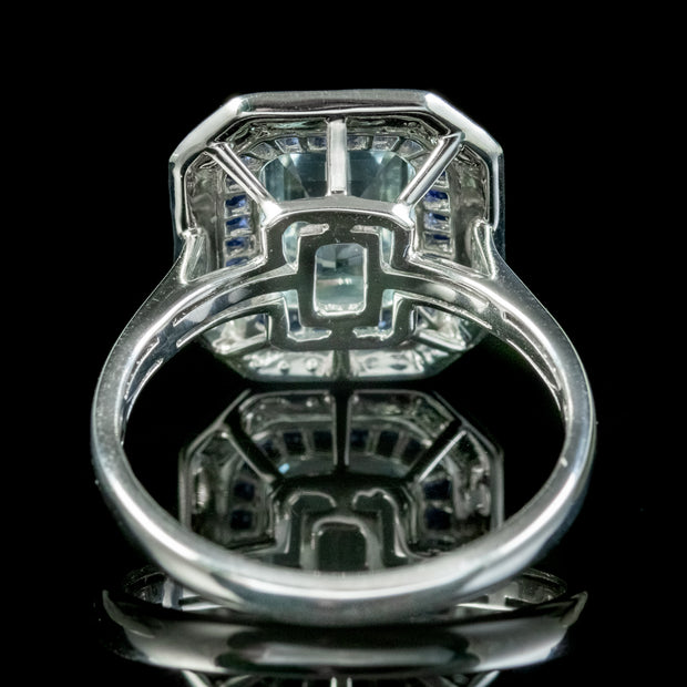 Art Deco Style Aquamarine Sapphire Diamond Ring 3.5ct Aqua