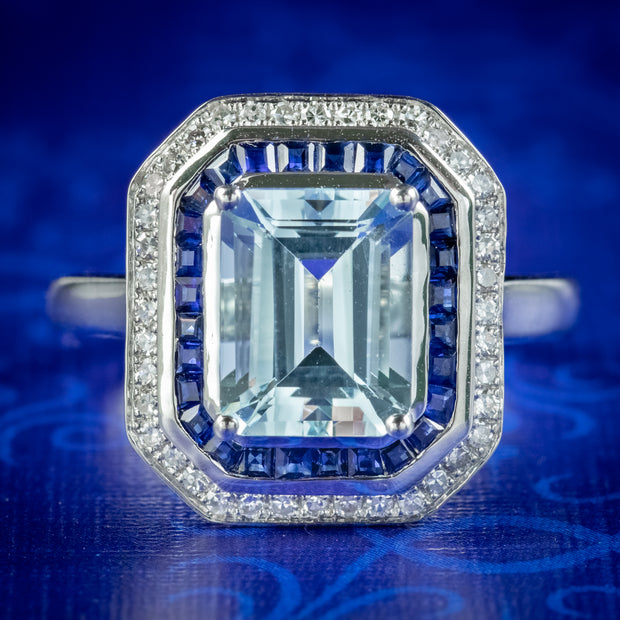 Art Deco Style Aquamarine Sapphire Diamond Ring 3.5ct Aqua