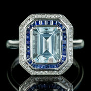 Art Deco Style Aquamarine Sapphire Diamond Ring 3.5ct Aqua